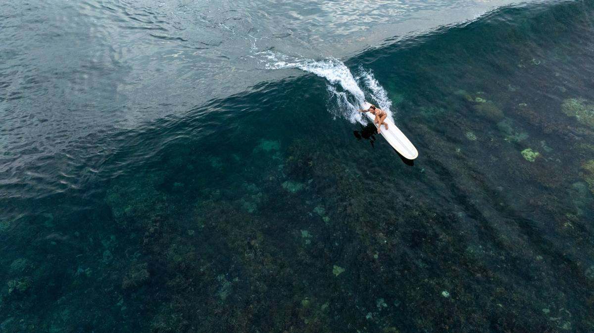 Drone view of a longboarder on a clear reef wave in the Mentawais